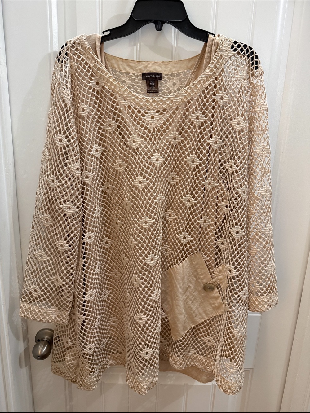 Multiples Beige Open-Weave Layered Shell 3x
